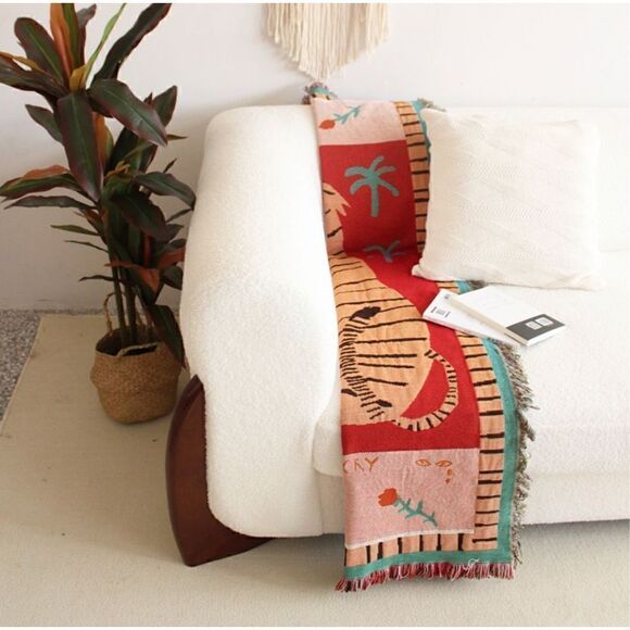 Tiger and Cheetah Boho Orange Woven Throw Blanket Tapestry Big Cats Don’t Cry - Picture 6 of 7